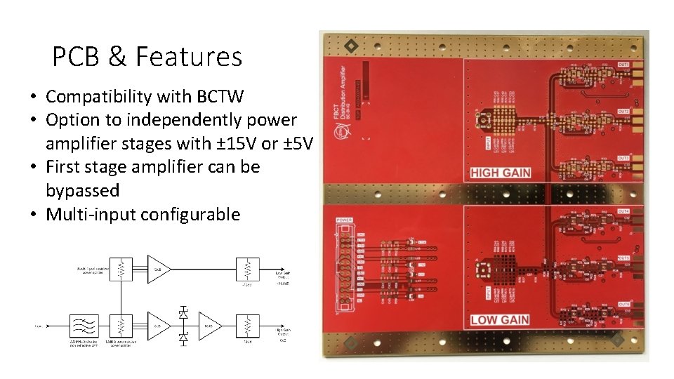 PCB & Features • Compatibility with BCTW • Option to independently power amplifier stages