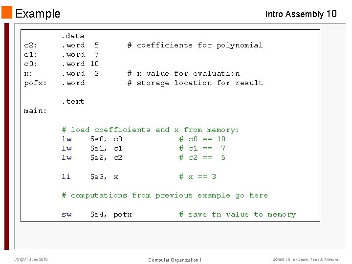 Example c 2: c 1: c 0: x: pofx: Intro Assembly 10. data. word