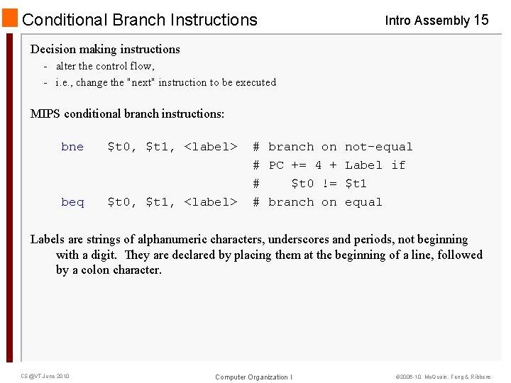 Conditional Branch Instructions Intro Assembly 15 Decision making instructions - alter the control flow,