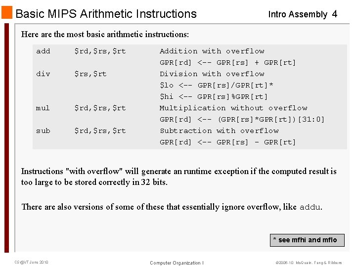 Basic MIPS Arithmetic Instructions Intro Assembly 4 Here are the most basic arithmetic instructions: