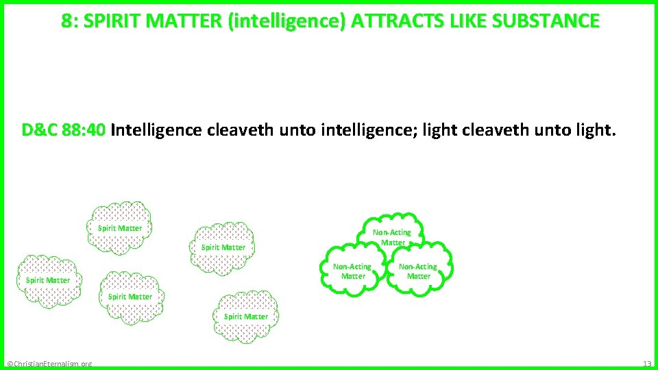 Metaphysics 8: SPIRIT MATTER (intelligence) ATTRACTS LIKE SUBSTANCE D&C 88: 40 Intelligence cleaveth unto