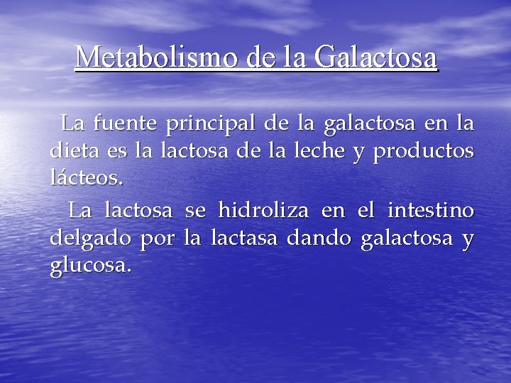 Metabolismo de la Galactosa La fuente principal de la galactosa en la dieta es