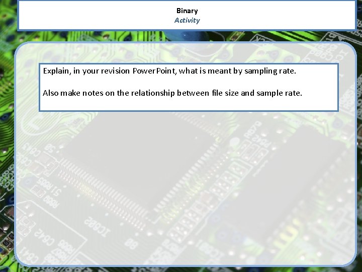 Binary Activity Explain, in your revision Power. Point, what is meant by sampling rate.