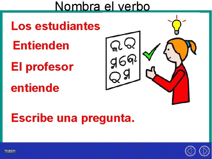 Nombra el verbo Los estudiantes Entienden El profesor entiende Escribe una pregunta. 