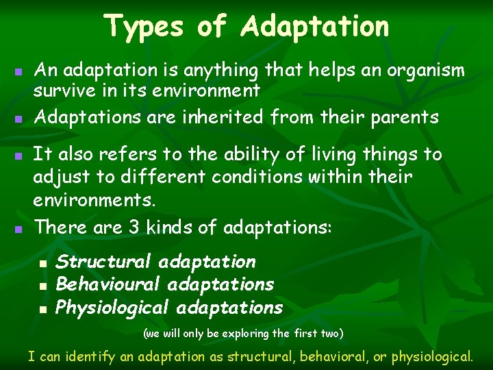 Types of Adaptation n n An adaptation is anything that helps an organism survive