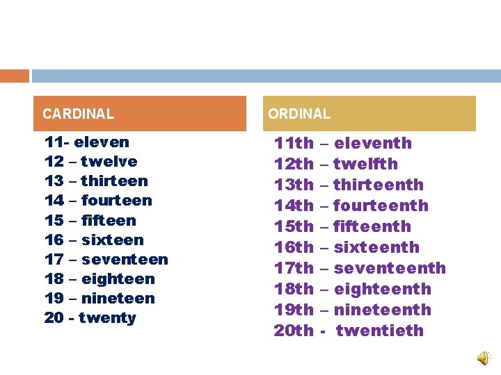 CARDINAL 11 - eleven 12 – twelve 13 – thirteen 14 – fourteen 15