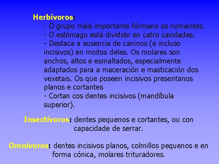 Herbívoros: - O grupo máis importante fórmano os rumiantes. - O estómago está dividido