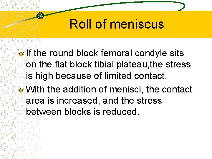 Roll of meniscus If the round block femoral condyle sits on the flat block
