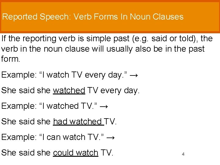 Reported Speech: Verb Forms In Noun Clauses If the reporting verb is simple past