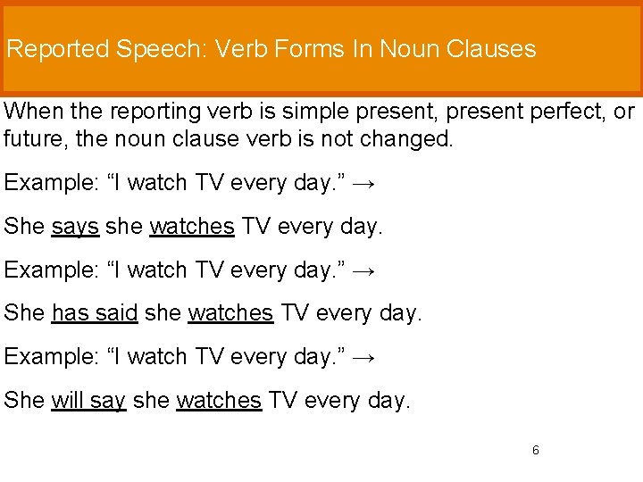 Reported Speech: Verb Forms In Noun Clauses When the reporting verb is simple present,