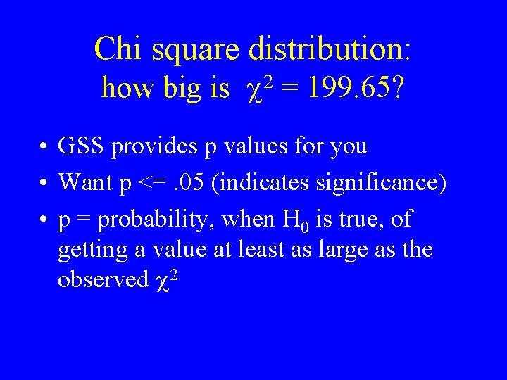 Chi square distribution: how big is 2 = 199. 65? • GSS provides p