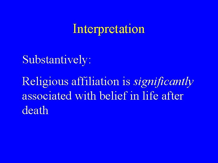 Interpretation Substantively: Religious affiliation is significantly associated with belief in life after death 