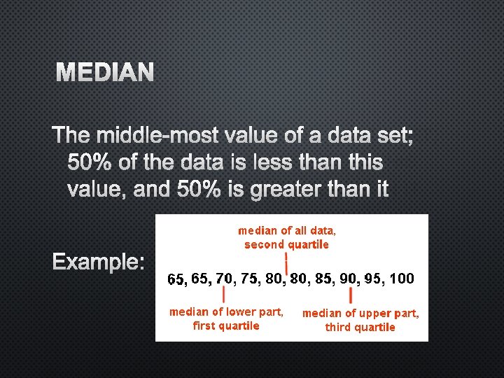 MEDIAN THE MIDDLE-MOST VALUE OF A DATA SET; 50% OF THE DATA IS LESS