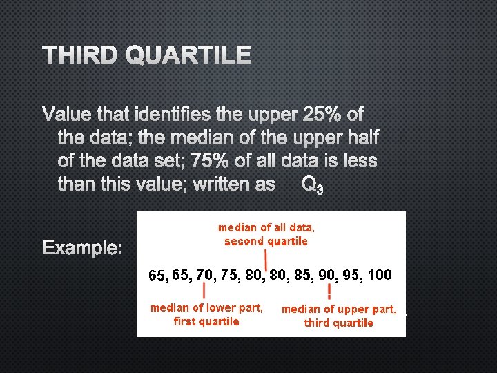 THIRD QUARTILE VALUE THAT IDENTIFIES THE UPPER 25% OF THE DATA; THE MEDIAN OF