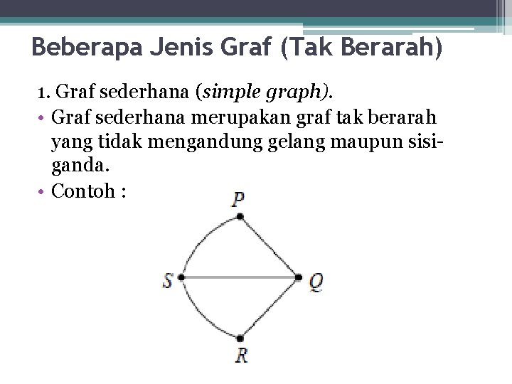 Beberapa Jenis Graf (Tak Berarah) 1. Graf sederhana (simple graph). • Graf sederhana merupakan