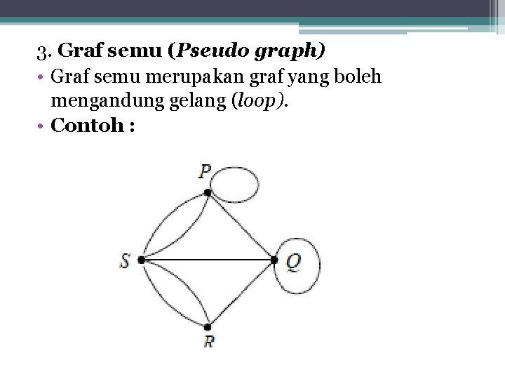 3. Graf semu (Pseudo graph) • Graf semu merupakan graf yang boleh mengandung gelang