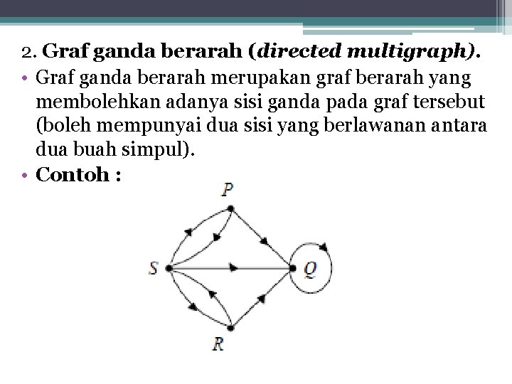 2. Graf ganda berarah (directed multigraph). • Graf ganda berarah merupakan graf berarah yang