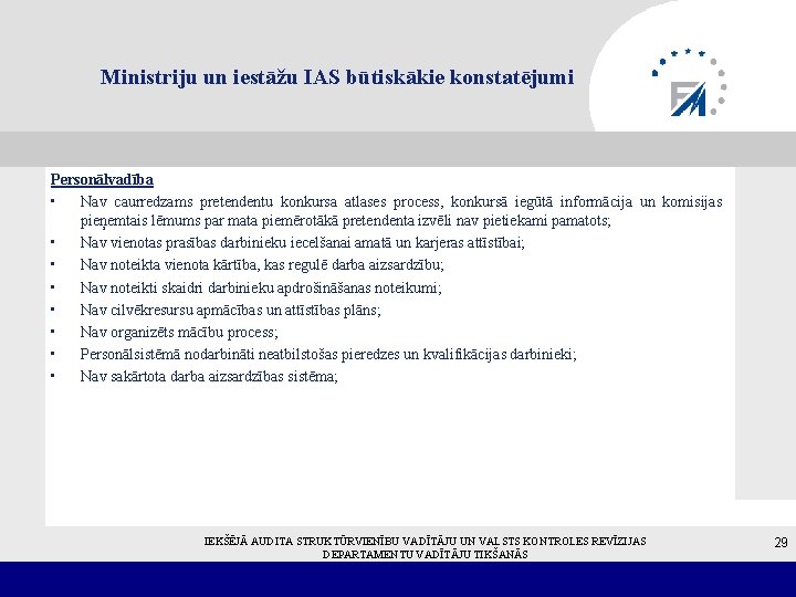 Ministriju un iestāžu IAS būtiskākie konstatējumi Personālvadība • Nav caurredzams pretendentu konkursa atlases process,