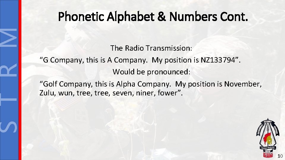 S T R M Phonetic Alphabet & Numbers Cont. The Radio Transmission: “G Company,