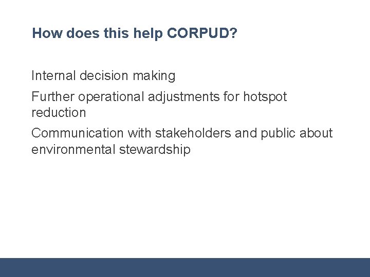 How does this help CORPUD? Internal decision making Further operational adjustments for hotspot reduction