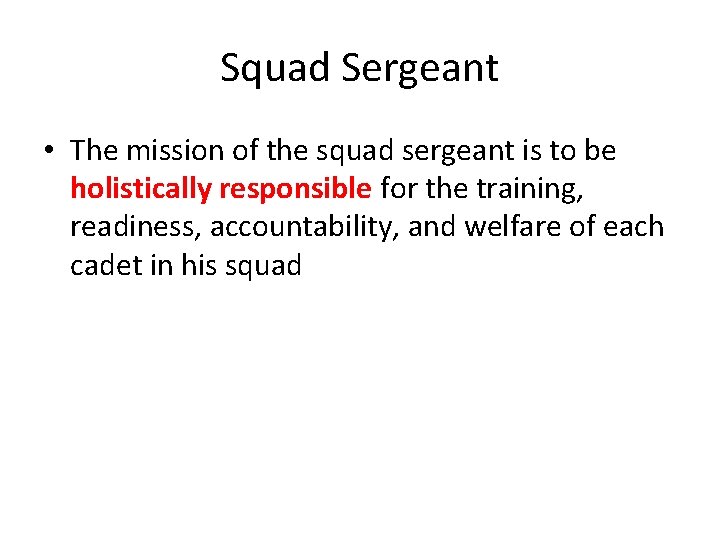 Squad Sergeant • The mission of the squad sergeant is to be holistically responsible