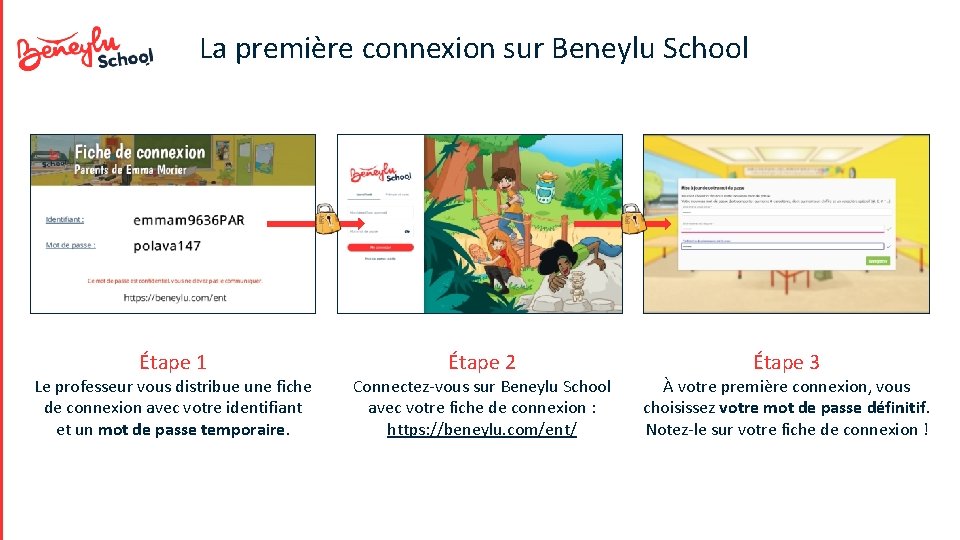 La première connexion sur Beneylu School Étape 1 Le professeur vous distribue une fiche