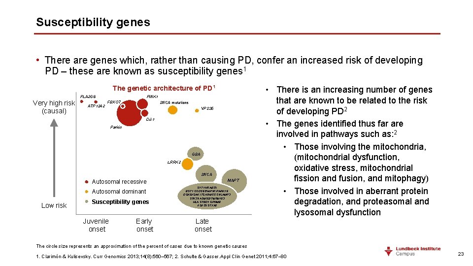 Susceptibility genes • There are genes which, rather than causing PD, confer an increased
