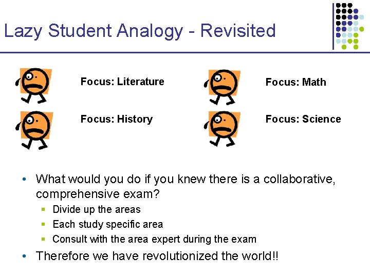 Lazy Student Analogy - Revisited Focus: Literature Focus: Math Focus: History Focus: Science •