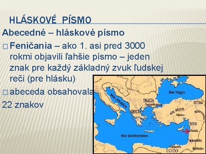 HLÁSKOVÉ PÍSMO Abecedné – hláskové písmo � Feničania – ako 1. asi pred 3000