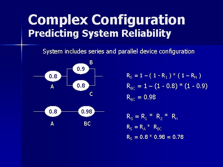 Complex Configuration Predicting System Reliability System includes series and parallel device configuration 0. 9