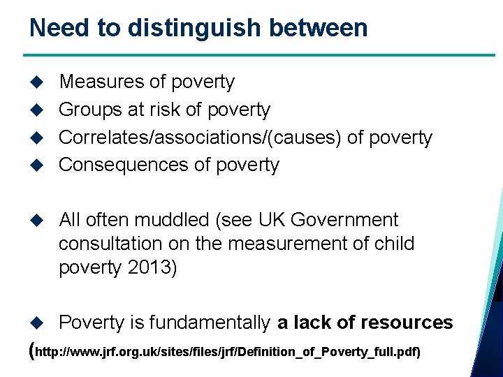 Need to distinguish between Measures of poverty Groups at risk of poverty Correlates/associations/(causes) of