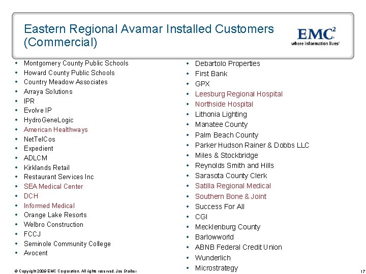 Eastern Regional Avamar Installed Customers (Commercial) Montgomery County Public Schools Howard County Public Schools