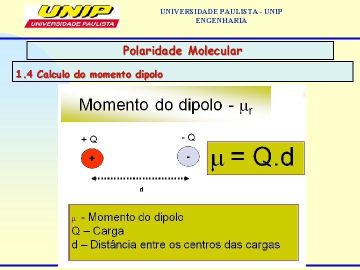 UNIVERSIDADE PAULISTA - UNIP ENGENHARIA Polaridade Molecular 1. 4 Calculo do momento dipolo 