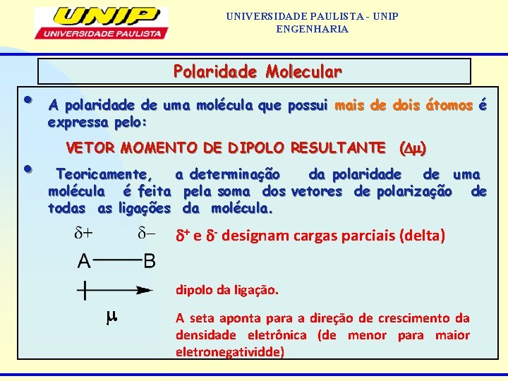 UNIVERSIDADE PAULISTA - UNIP ENGENHARIA Polaridade Molecular • • A polaridade de uma molécula