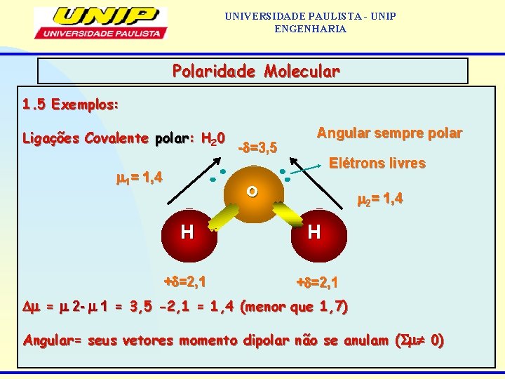 UNIVERSIDADE PAULISTA - UNIP ENGENHARIA Polaridade Molecular 1. 5 Exemplos: Ligações Covalente polar: H