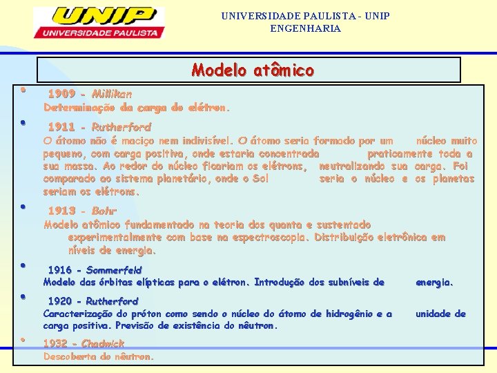 UNIVERSIDADE PAULISTA - UNIP ENGENHARIA • • • Modelo atômico 1909 - Millikan Determinação