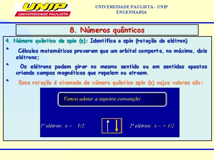 UNIVERSIDADE PAULISTA - UNIP ENGENHARIA 8. Números quânticos 4. Número quântico de spin (s):