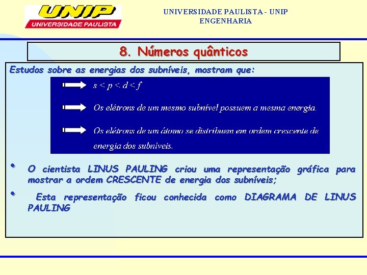 UNIVERSIDADE PAULISTA - UNIP ENGENHARIA 8. Números quânticos Estudos sobre as energias dos subníveis,