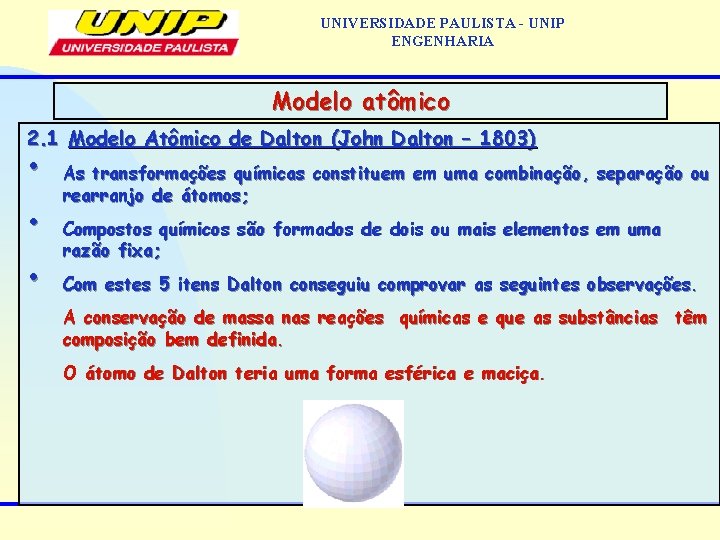 UNIVERSIDADE PAULISTA - UNIP ENGENHARIA Modelo atômico 2. 1 Modelo Atômico de Dalton (John