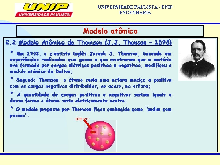 UNIVERSIDADE PAULISTA - UNIP ENGENHARIA Modelo atômico 2. 2 Modelo Atômico de Thomson (J.