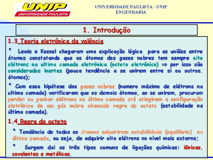 UNIVERSIDADE PAULISTA - UNIP ENGENHARIA 1. Introdução 1. 3 Teoria eletrônica da valência •