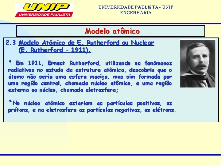 UNIVERSIDADE PAULISTA - UNIP ENGENHARIA Modelo atômico 2. 3 Modelo Atômico de E. Rutherford