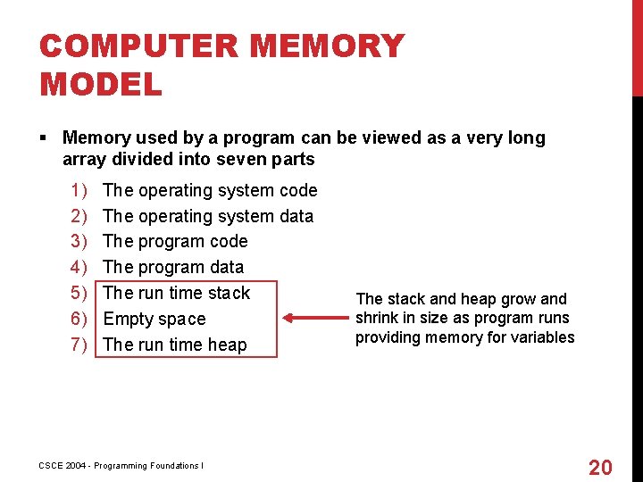 COMPUTER MEMORY MODEL § Memory used by a program can be viewed as a