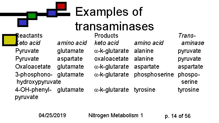 Examples of transaminases Reactants Keto acid amino acid Pyruvate glutamate Pyruvate aspartate Oxaloacetate glutamate