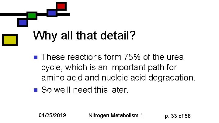 Why all that detail? n n These reactions form 75% of the urea cycle,