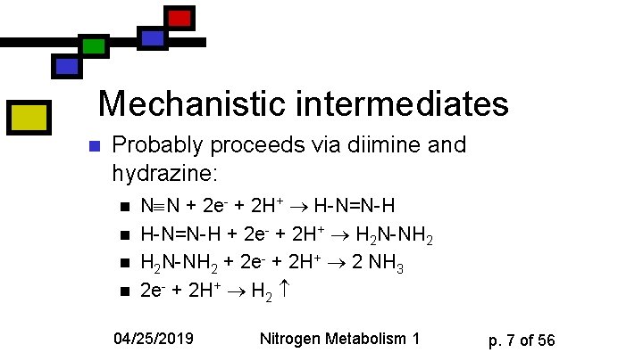 Mechanistic intermediates n Probably proceeds via diimine and hydrazine: n n N N +