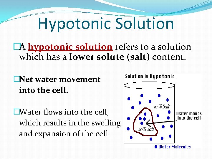 Hypotonic Solution �A hypotonic solution refers to a solution which has a lower solute