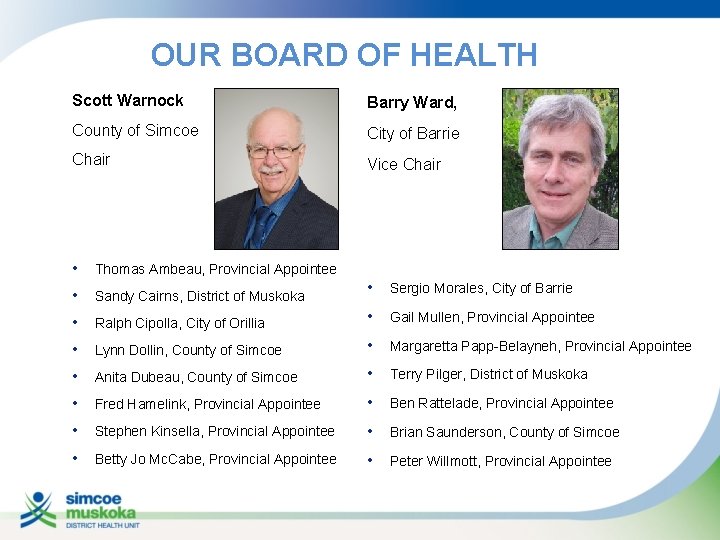 OUR BOARD OF HEALTH Scott Warnock Barry Ward, County of Simcoe City of Barrie