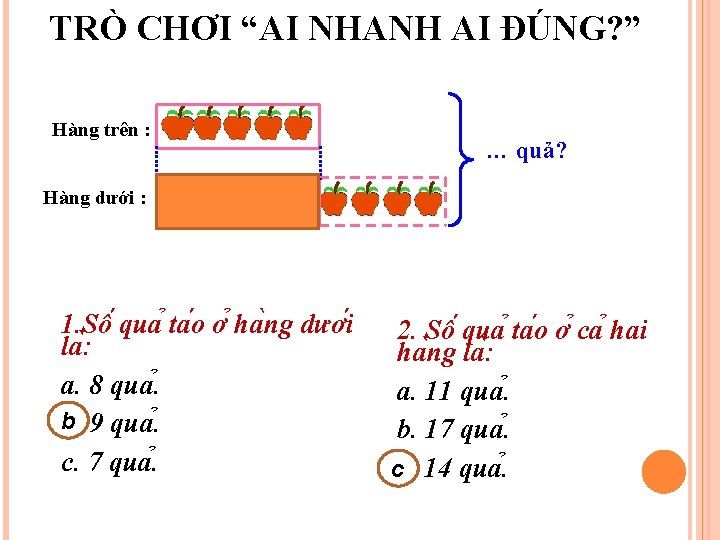 TRÒ CHƠI “AI NHANH AI ĐÚNG? ” Hàng trên : … quả? Hàng dưới