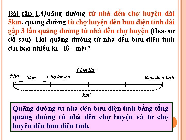 Bài tập 1: Quãng đường từ nhà đến chợ huyện dài 5 km, quãng